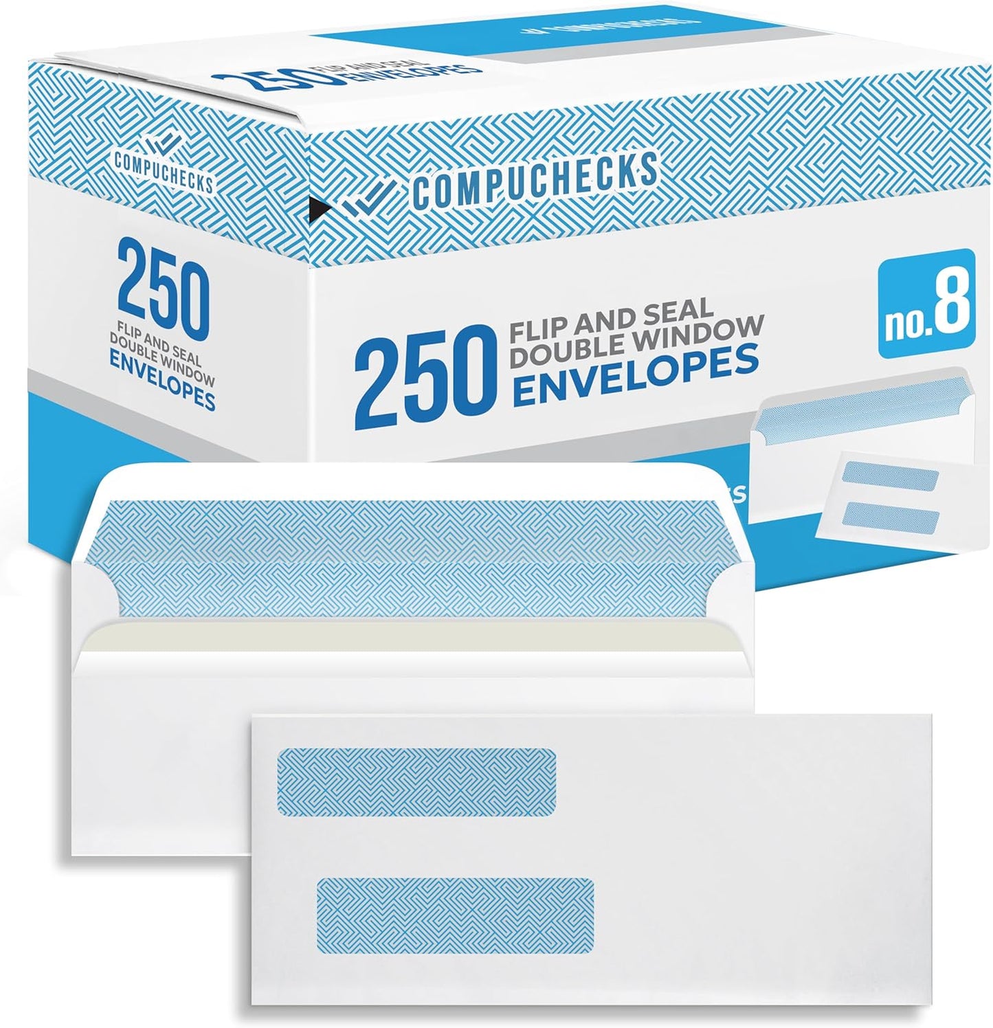 Compuchecks Double Window Envelopes #8- Flip and Seal Flap, Security Business Mailing Check Envelopes - Tamper Evident, Security Tint - 250 Count – Guaranteed to fit QuickBooks Checks