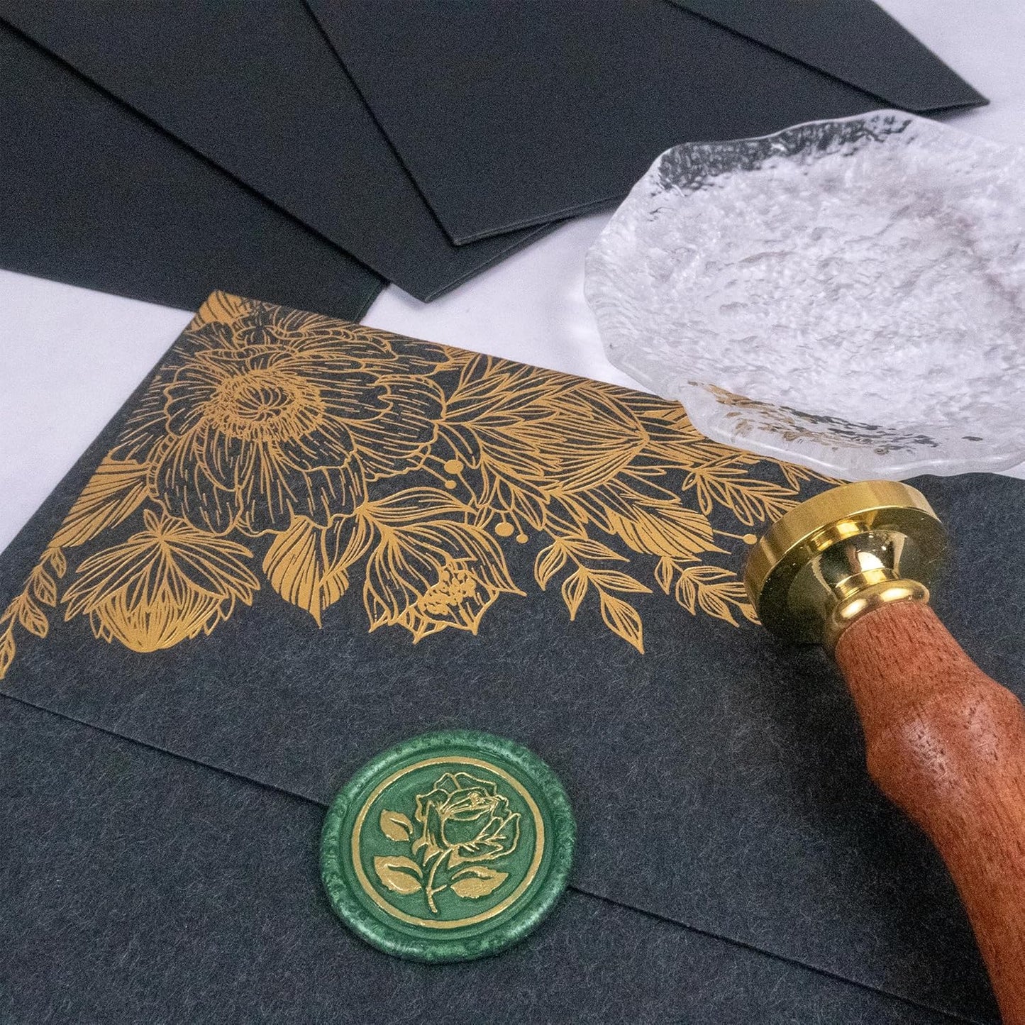 100Pcs Gold & Green Wax Seal Stickers - Handmade Envelope Seals, Self-Adhesive Wax Stickers for Wedding Party Invitations, Envelope, Gift Wrap, Christmas (Gold Rose Style, Green)