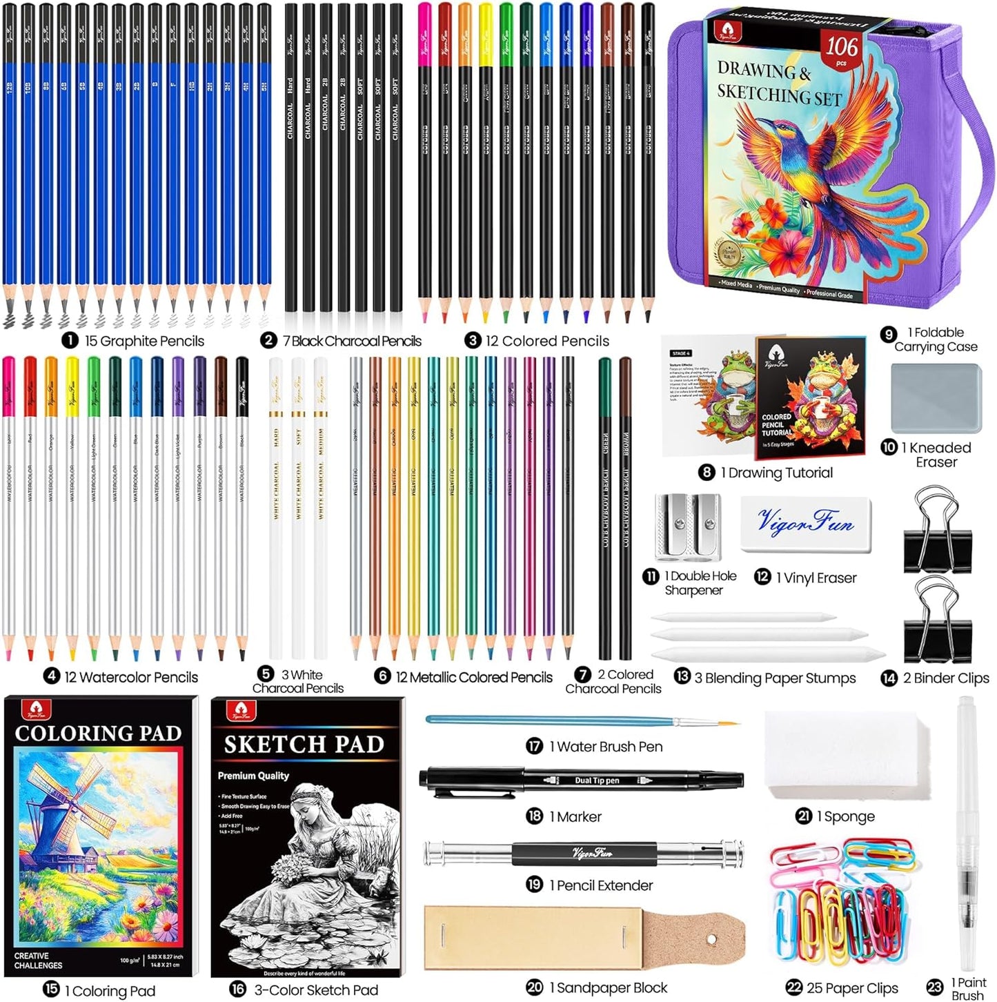 106 PCS Art Supplies Sketching Kit, Pro Drawing Pencils with 3-Color Sketchbook, Coloring Book, Colored Graphite Charcoal Watercolor & Metallic Pencils, Drawing Supplies Gifts for Artists Adults Kids