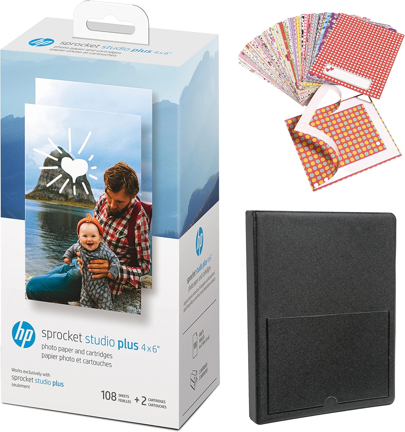 HP Sprocket Studio Plus 4 x 6” Photo Paper and Cartridges Starter Bundle: Includes 108 Sheets and 2 Cartridges, Sticker Frames, Photo Album