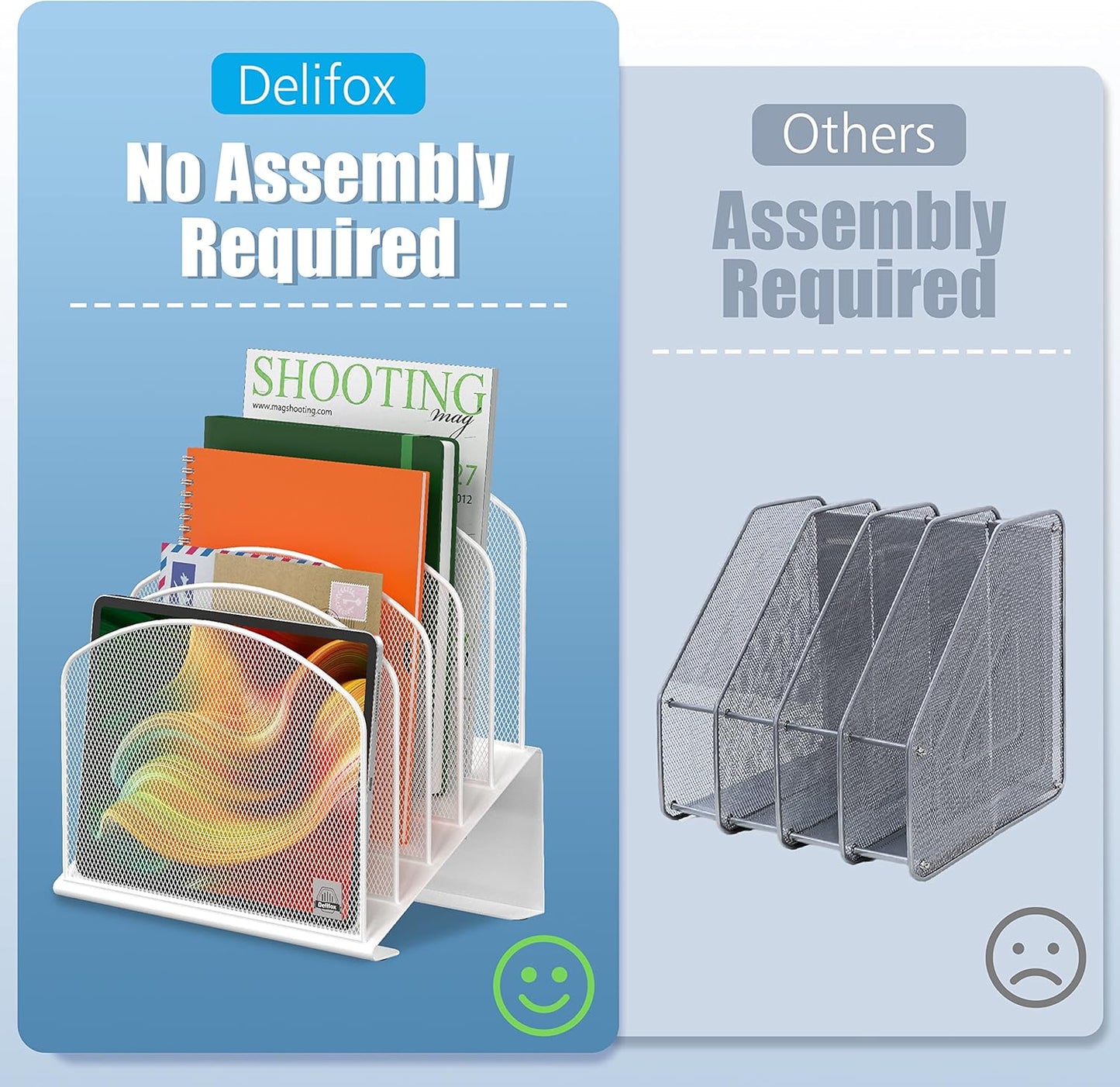 Inclined Desk File Organizer, 5-Section Vertical File Folder Holder Stand Metal Rack File Sorter for Office Classroom Desktop Organization (White, 2Pack)