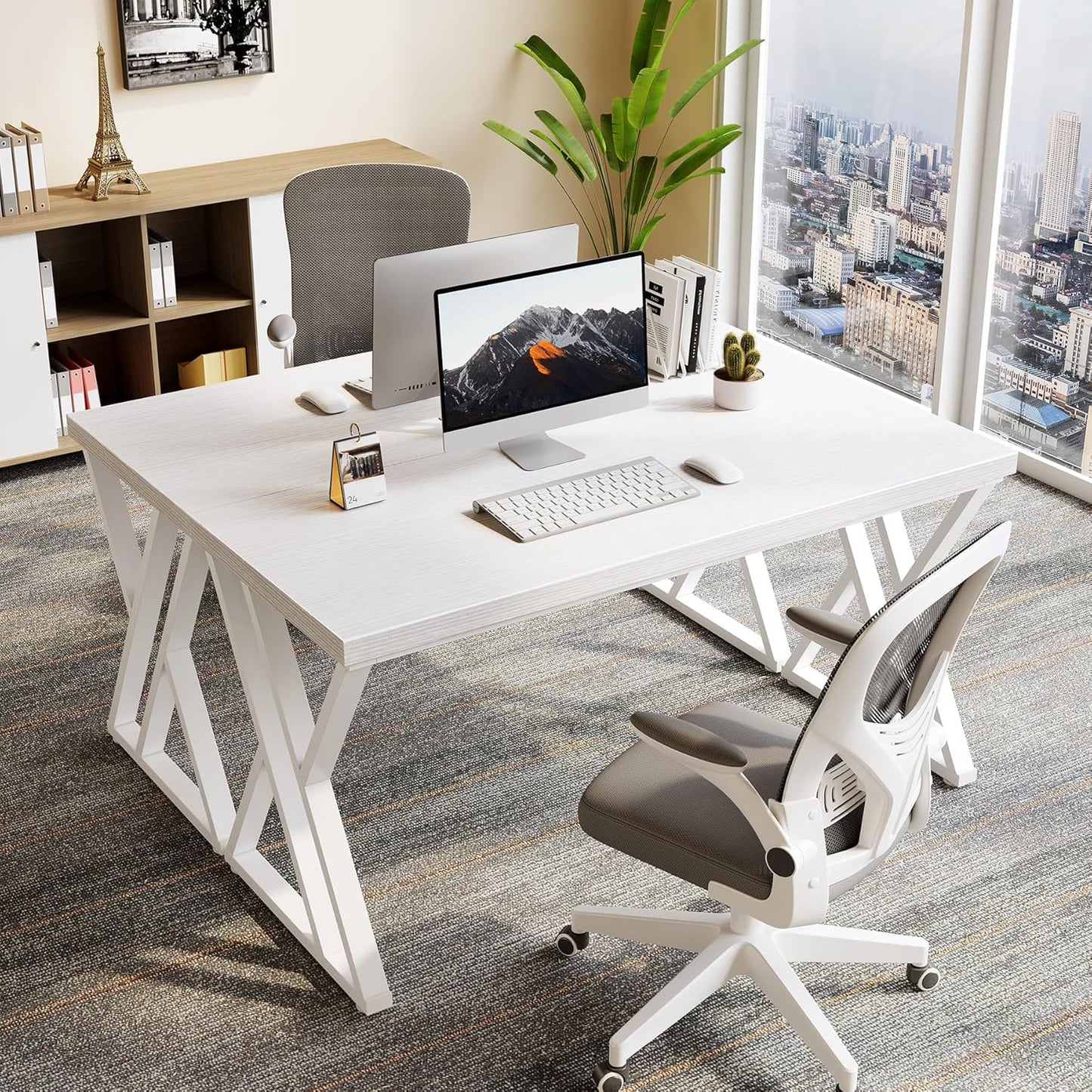 LITTLE TREE 55 Inch Large Simple Industrial Computer Desk Study Writing Table Home Office Workstation,White