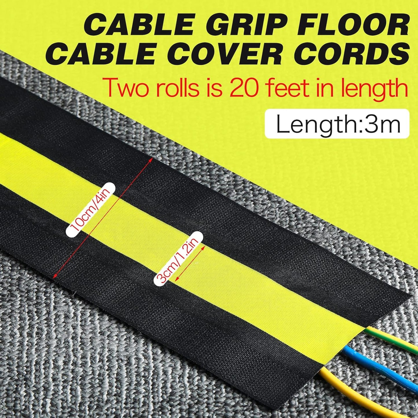 WILLBOND Carpet Cord Cover Cable Grip Floor Cover Cable Protector Management Only for Commercial Office Carpet(Black and Yellow,19.69 ft)