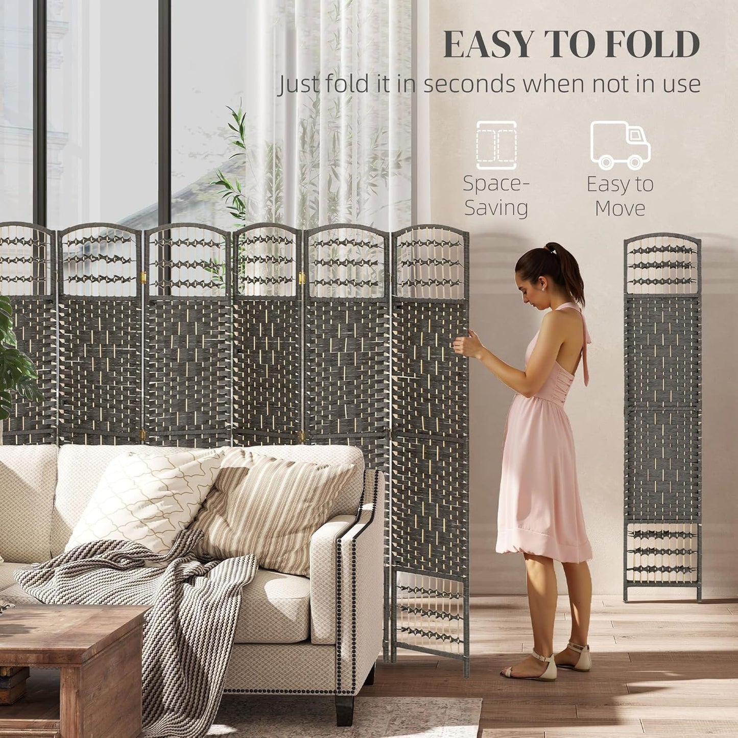 HOMCOM 8 Panel Room Divider, Folding Privacy Screen, 5.6' Room Separator, Wave Fiber Freestanding Partition Wall Divider, Dark Gray