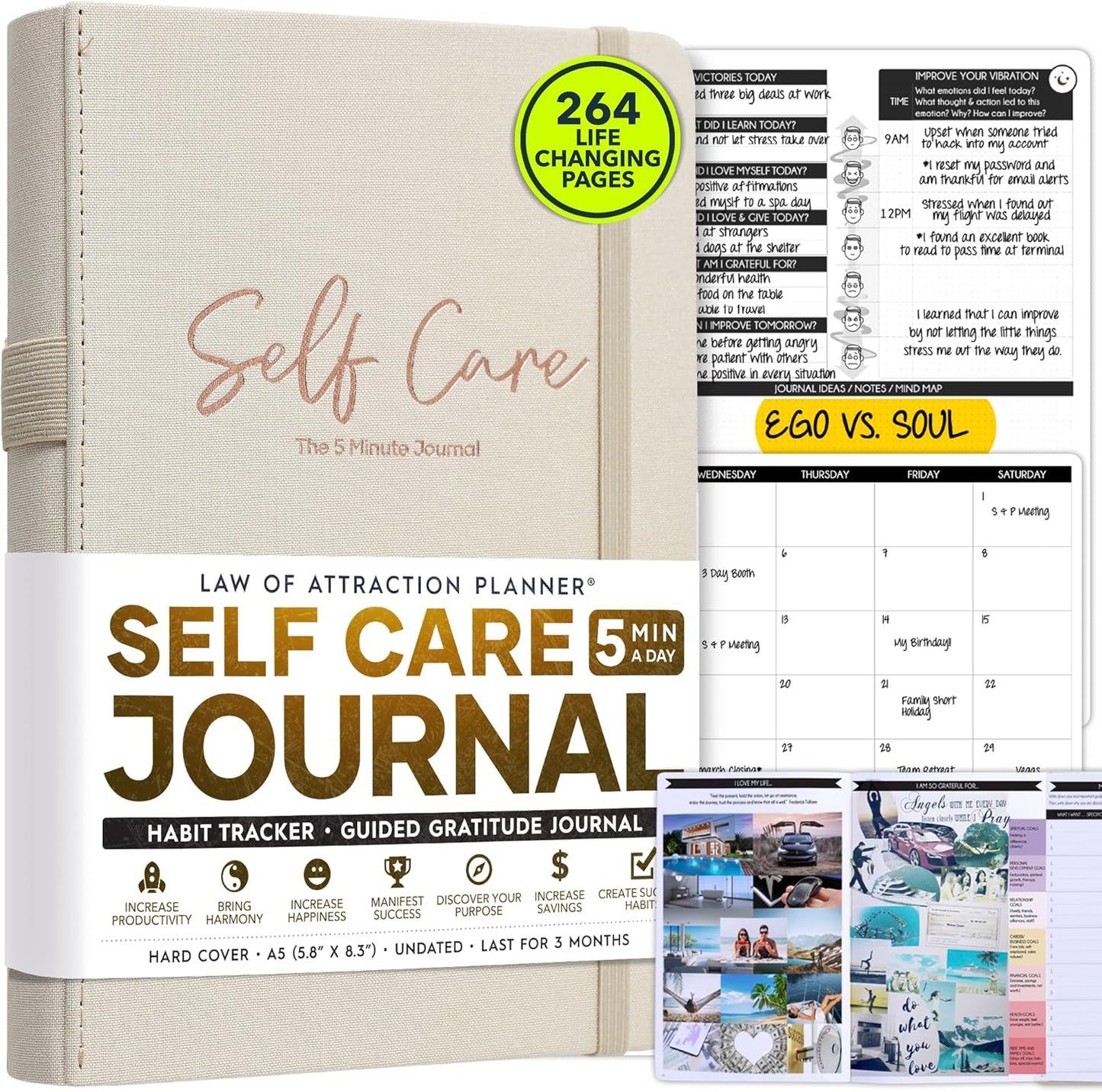 Self Care Journal - 5 Minute Mental Health & Manifestation Journal | 90-Day Undated Daily Planner for Positivity, Affirmations & Gratitude | Guided Mindfulness, Reflection | Vision Board + Stickers