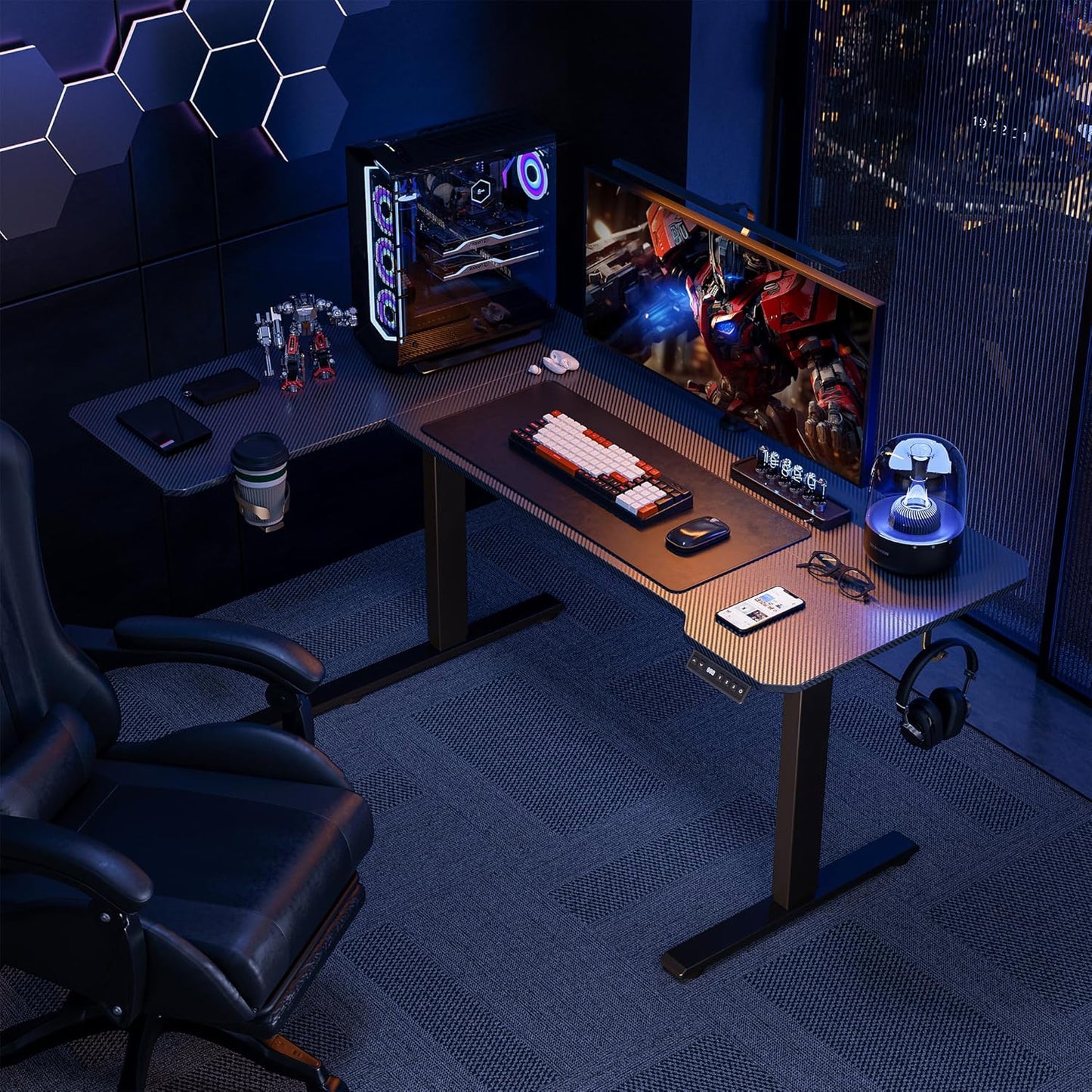 51" Reversiable L-Shaped Electric Standing Desk Adjustable Height Gaming Stand Up Corner Desk Sit Stand Home Office Computer Desk with Splice Board,Black Carbon Top