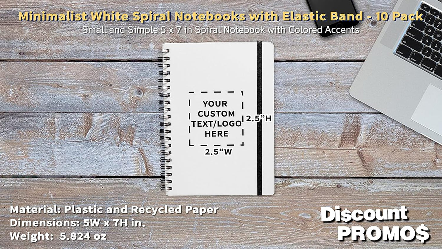 10 White Spiral Notebooks with Elastic Band Pack - Customizable Text, Logo - 80 lined pages, Recycled - Black
