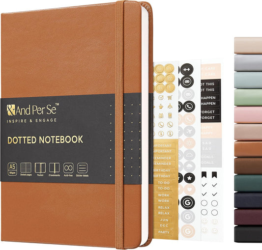 &And Per Se Dotted Journal Notebook, A5 Hardcover Leather Journal, 160 Pages 100 gsm Thick Dotted Paper，3 Sheets of Stickers Included - 5.7'' x 8''(Light Brown)