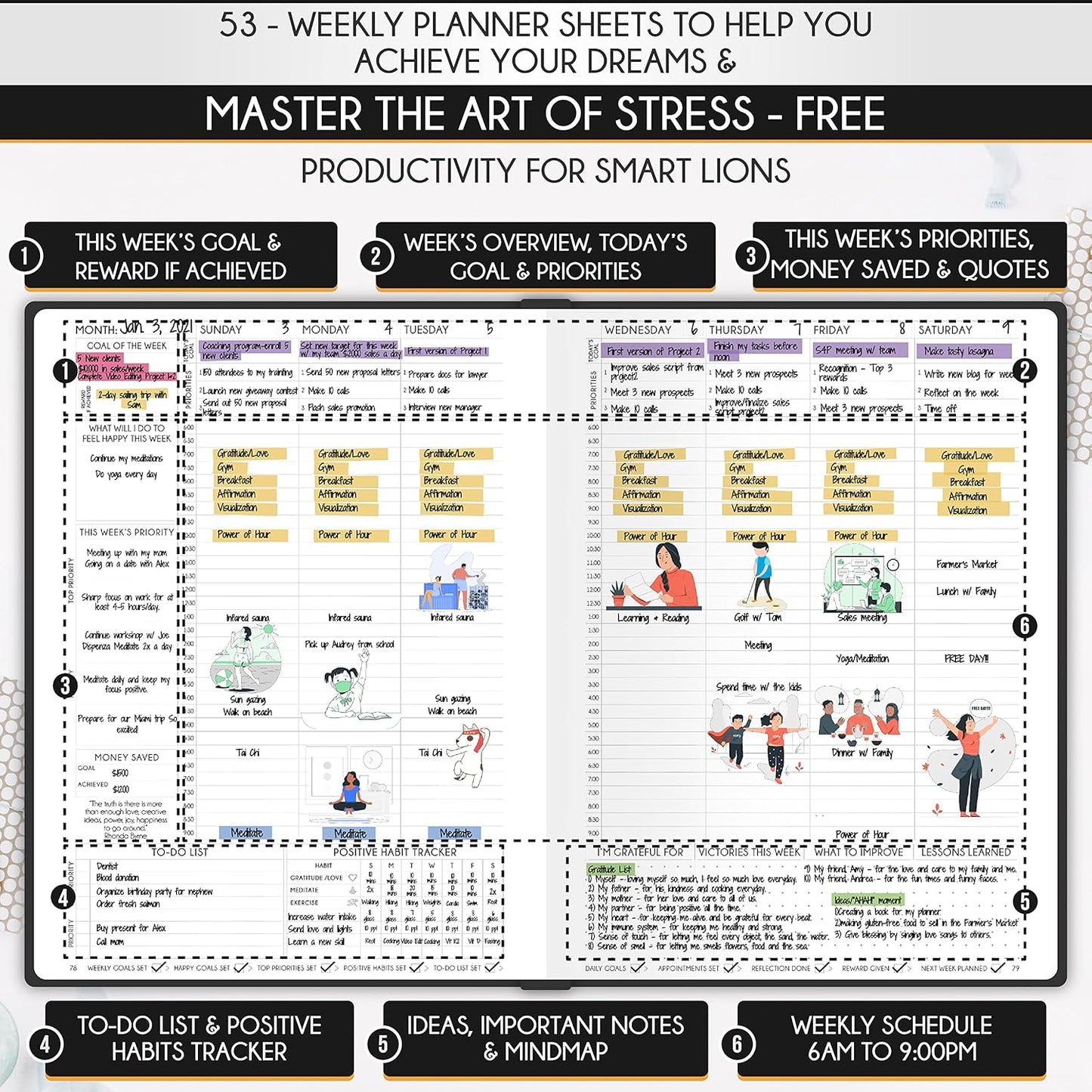 Hourly Planner - Undated Daily, Weekly & Monthly Planner with Budget Section | A 12 Month Journey to Increase Productivity & Happiness | Life Organizer & Gratitude Journal - Vertical Format