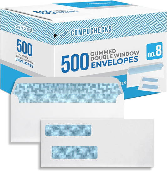 Compuchecks Double Window Envelopes #8 - Gummed, Security Business Mailing Check Envelopes - Tamper Evident, Security Tint - 500 Count – Guaranteed to fit QuickBooks Checks