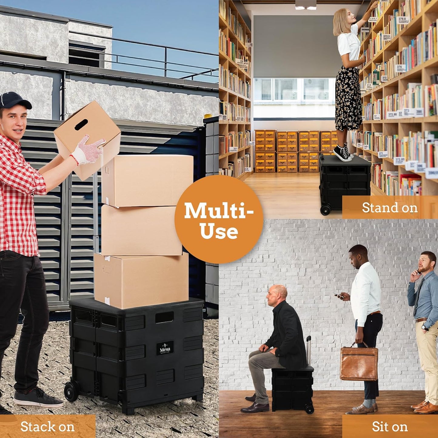 Inspired Living Collapsible Ultra-Slim Pack-N-Roll,2 Wheel Utility Cart w/Lid used as Seat up to 250 Lbs, Telescopic Handle - Super Strong, for Home, Garden, Shopping, Office, School use, Large, Black