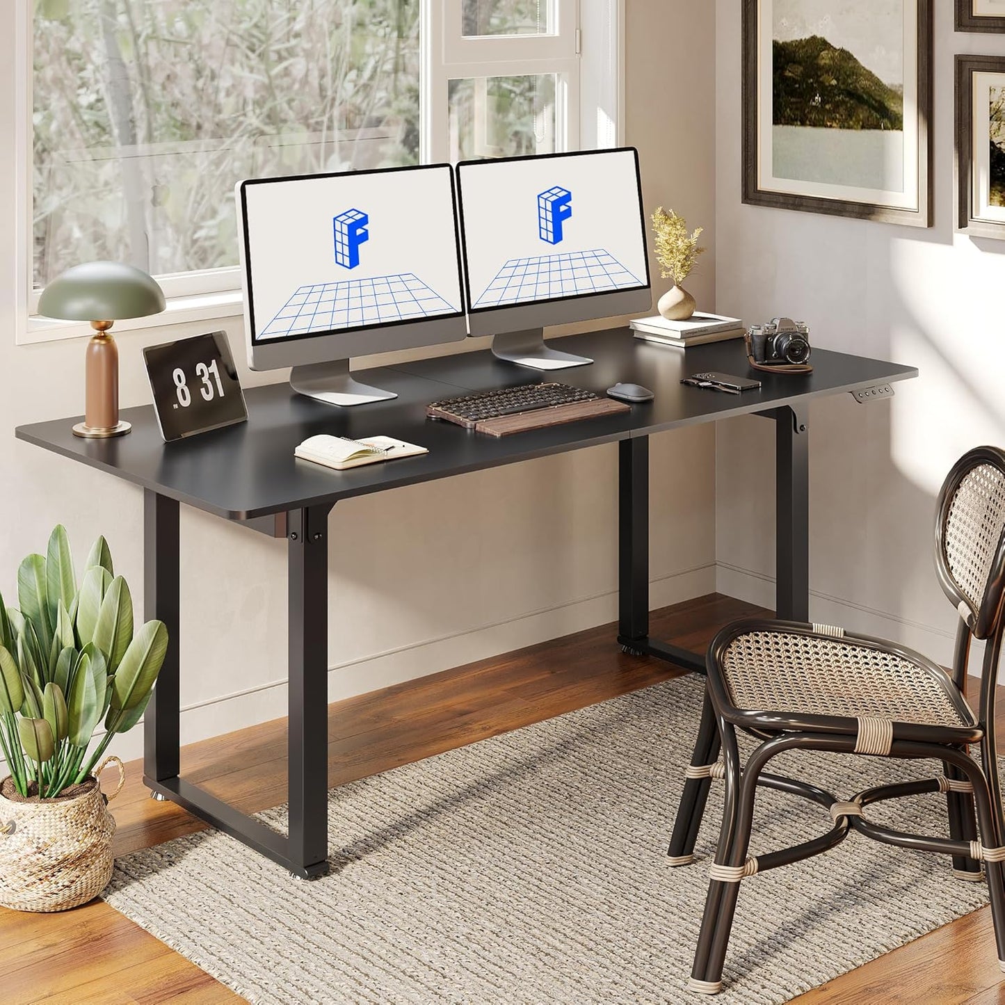 FLEXISPOT 4 Leg Standing Desk 71 x 32 Inch Electric Adjustable Height Sit Stand Desk with Splice Board Home Office Desk, Black Top + Black Frame