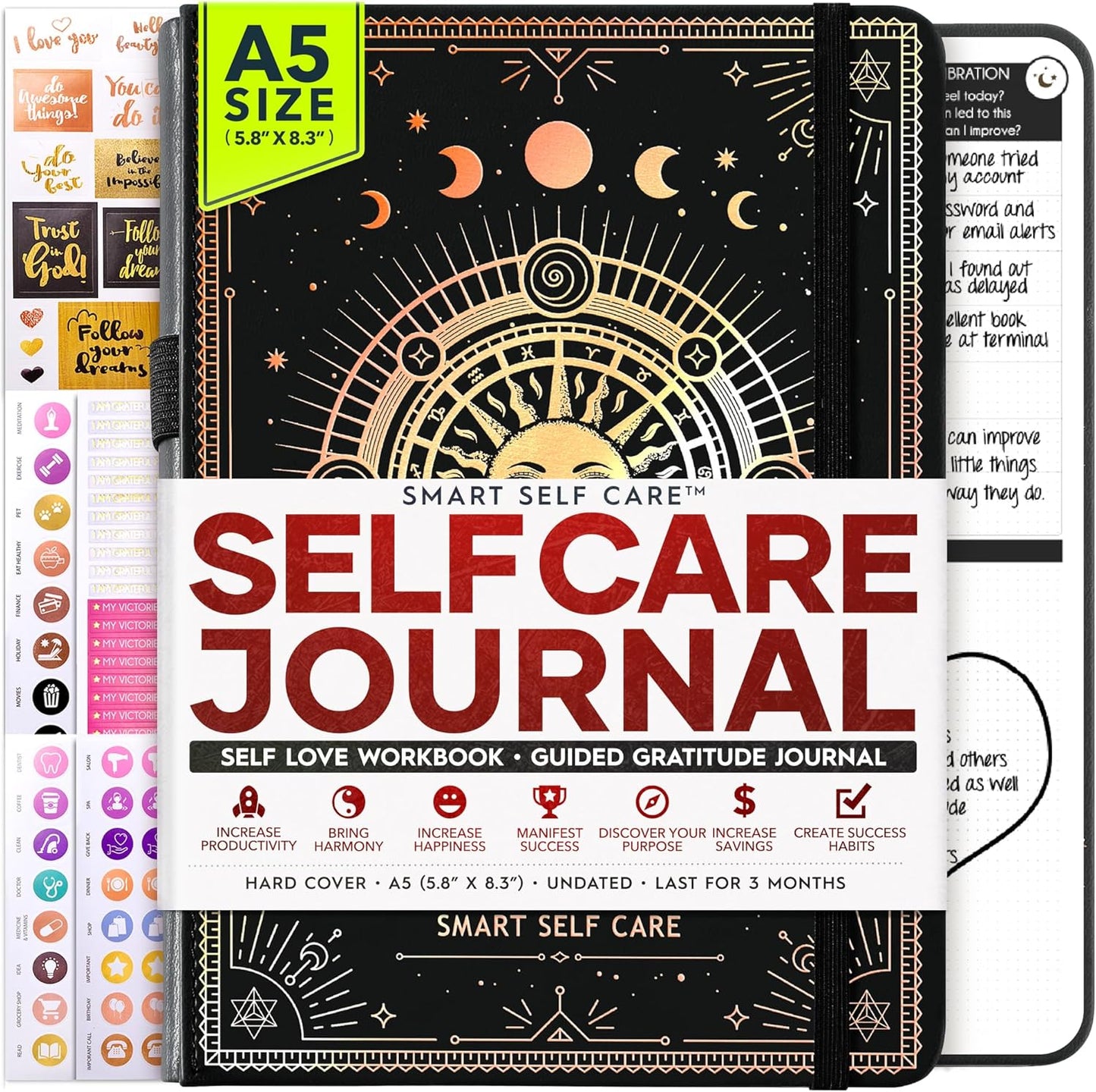 Self Care Journal - 5 Minute Mental Health & Manifestation Journal | 90-Day Undated Daily Planner for Positivity, Affirmations & Gratitude | Guided Mindfulness, Reflection | Vision Board + Stickers