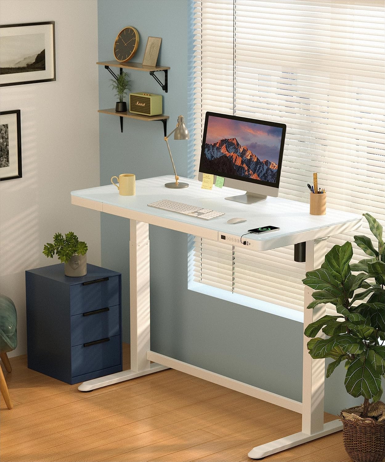 SANODESK Standing Desk with Drawer, Electric Height Adjustable Home Office Desk with Storage & USB Ports, 48 inch Tempered Glass Tabletop/White Frame