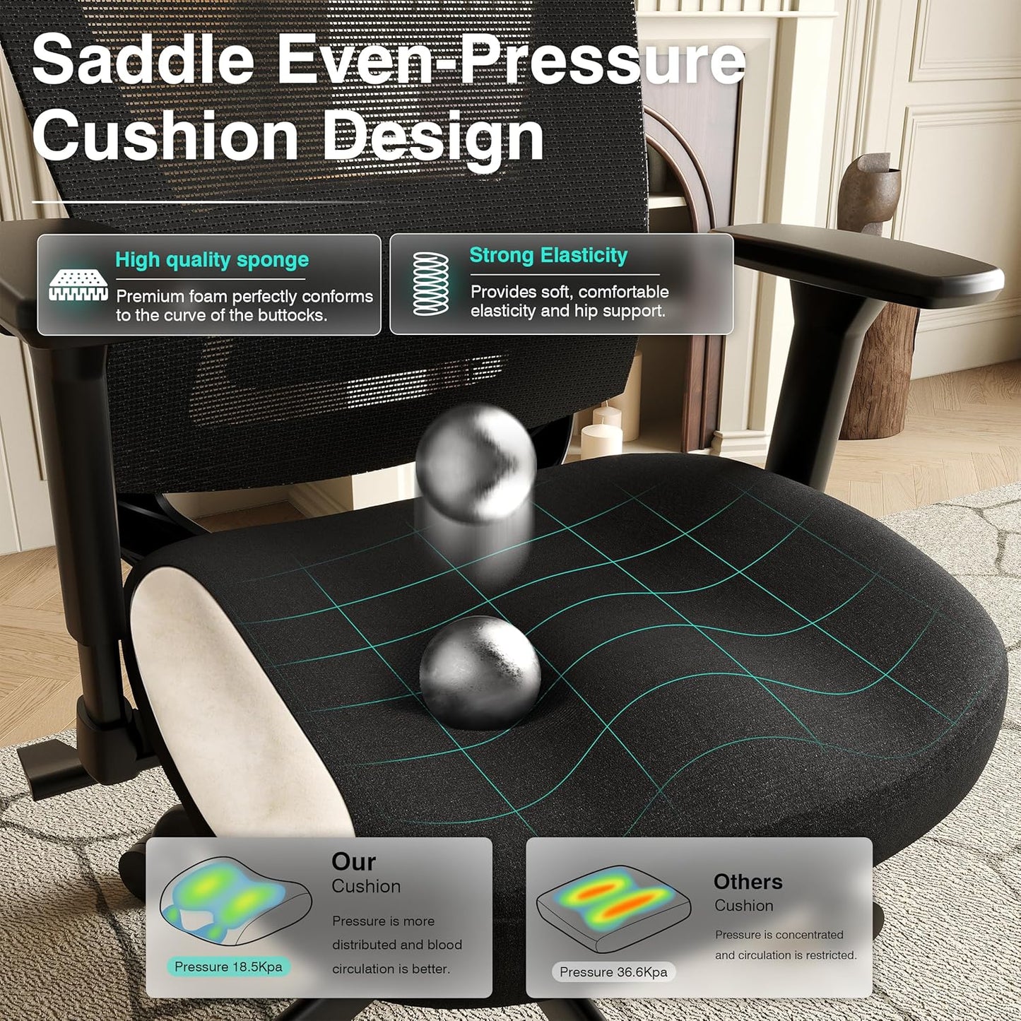 T96C Ergonomic Home Office Chair, Mesh Computer Desk Chair with 4D Armrests, Adjustable Lumbar Support,Tilt Function, Executive Rolling Swivel Task Chair for Long Hours (Black - Upholstered Seat)